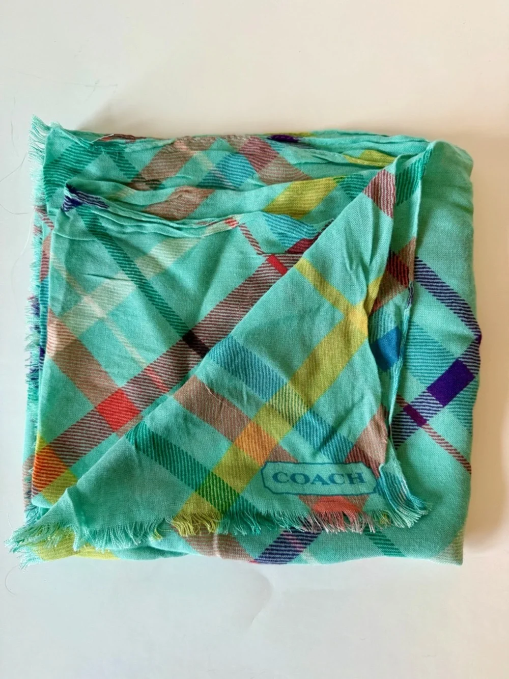 Coach Mint Plaid Oblong Scarf with Multicolor Stripes - Picture 2 of 5